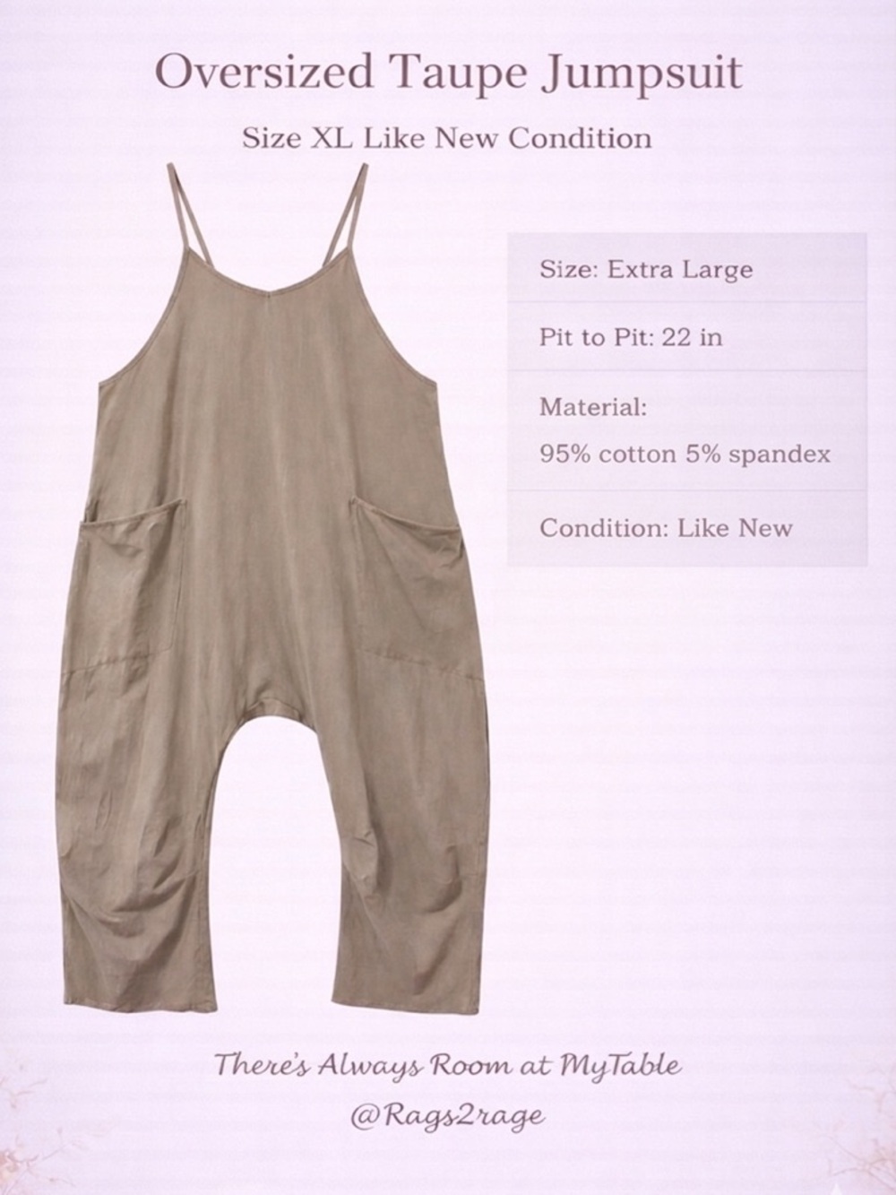 Oversized Taupe Jumpsuit XL Wide Leg Casual Pocket Romper